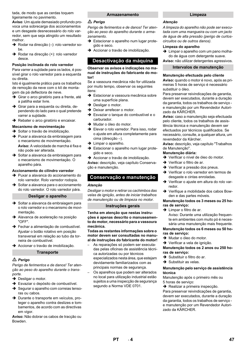 Desactivação da máquina conservação e manutenção | Karcher KM 80 W P User Manual | Page 47 / 196