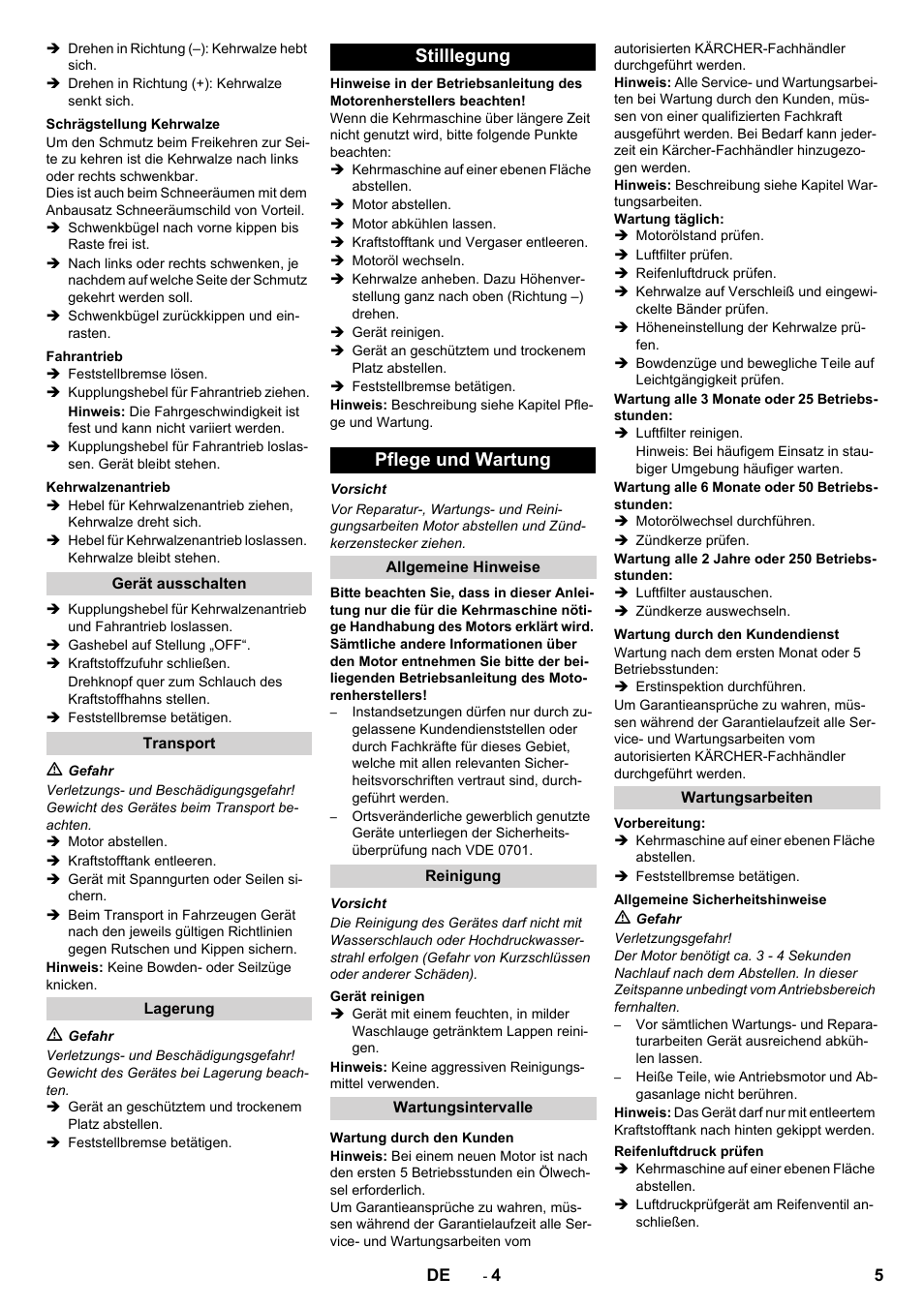 Stilllegung pflege und wartung | Karcher KM 80 W P User Manual | Page 5 / 196