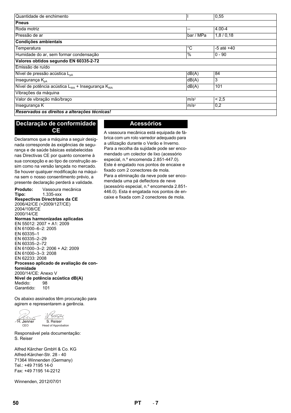 Declaração de conformidade ce, Acessórios | Karcher KM 80 W P User Manual | Page 50 / 196