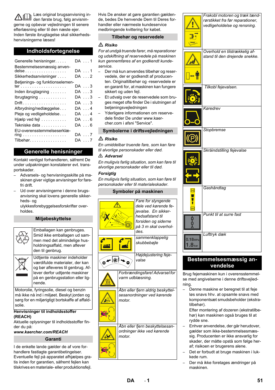 Dansk, Indholdsfortegnelse, Generelle henisninger | Bestemmelsesmæssig an- vendelse | Karcher KM 80 W P User Manual | Page 51 / 196