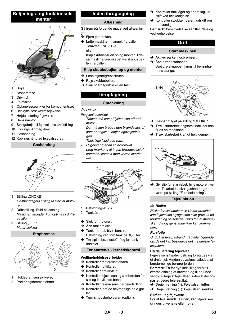 Betjenings- og funktionsele- menter, Inden ibrugtagning, Ibrugtagning | Drift | Karcher KM 80 W P User Manual | Page 53 / 196