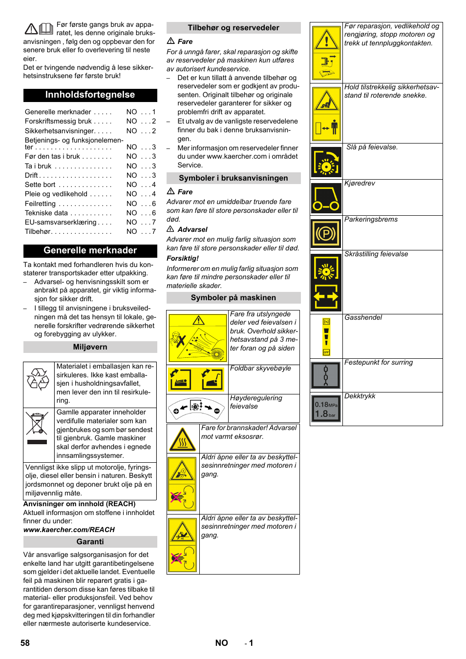 Norsk, Innholdsfortegnelse, Generelle merknader | Karcher KM 80 W P User Manual | Page 58 / 196