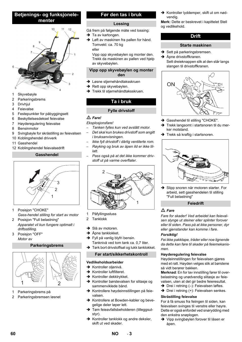 Betjenings- og funksjonele- menter, Før den tas i bruk, Ta i bruk | Drift | Karcher KM 80 W P User Manual | Page 60 / 196