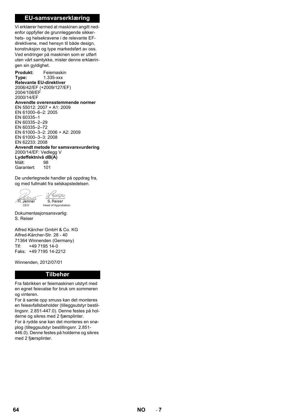 Eu-samsvarserklæring, Tilbehør | Karcher KM 80 W P User Manual | Page 64 / 196