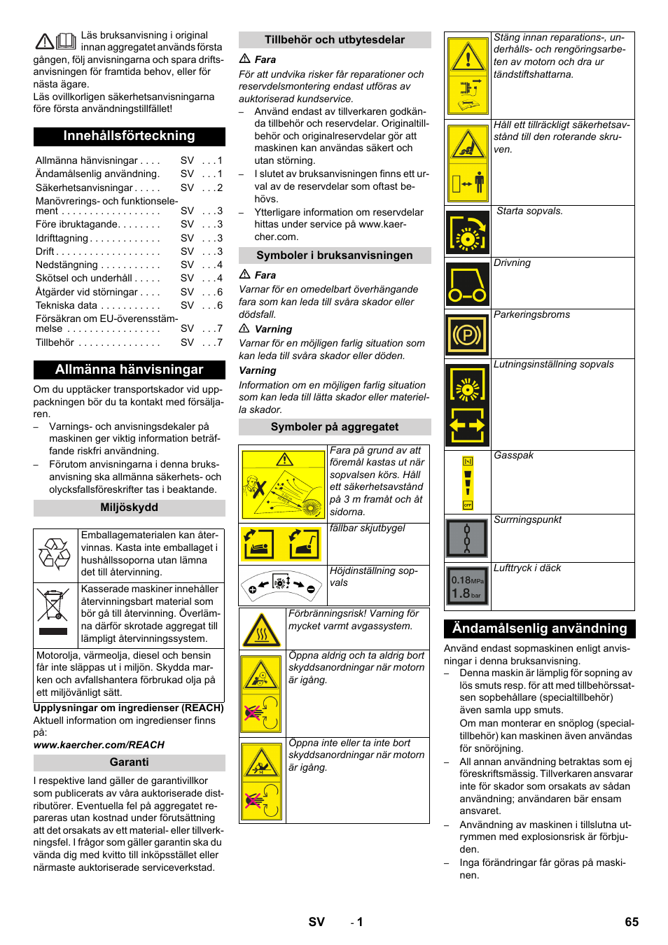 Svenska, Innehållsförteckning, Allmänna hänvisningar | Ändamålsenlig användning | Karcher KM 80 W P User Manual | Page 65 / 196