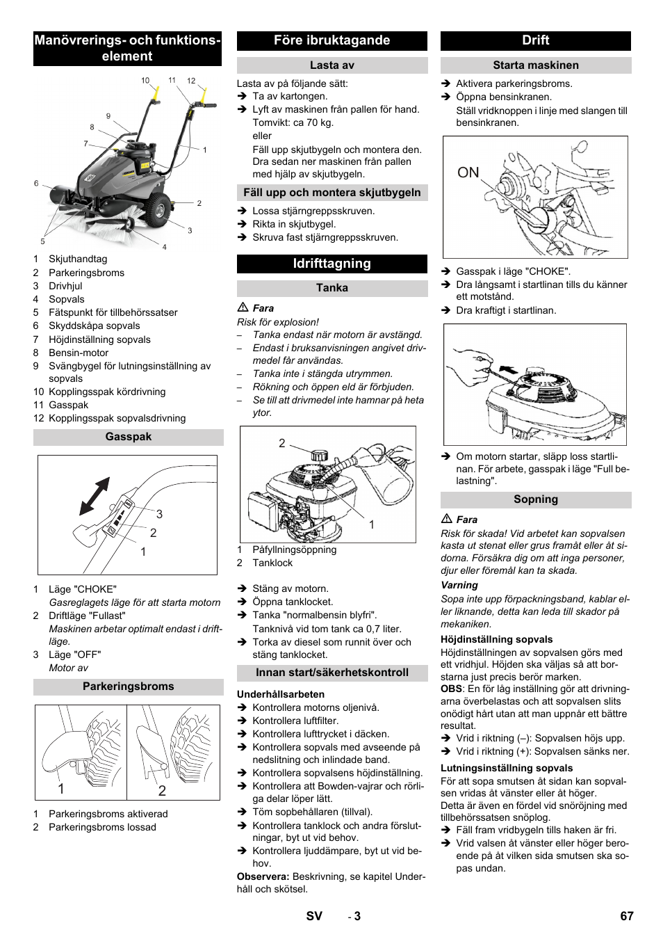 Manövrerings- och funktions- element, Före ibruktagande, Idrifttagning | Drift | Karcher KM 80 W P User Manual | Page 67 / 196
