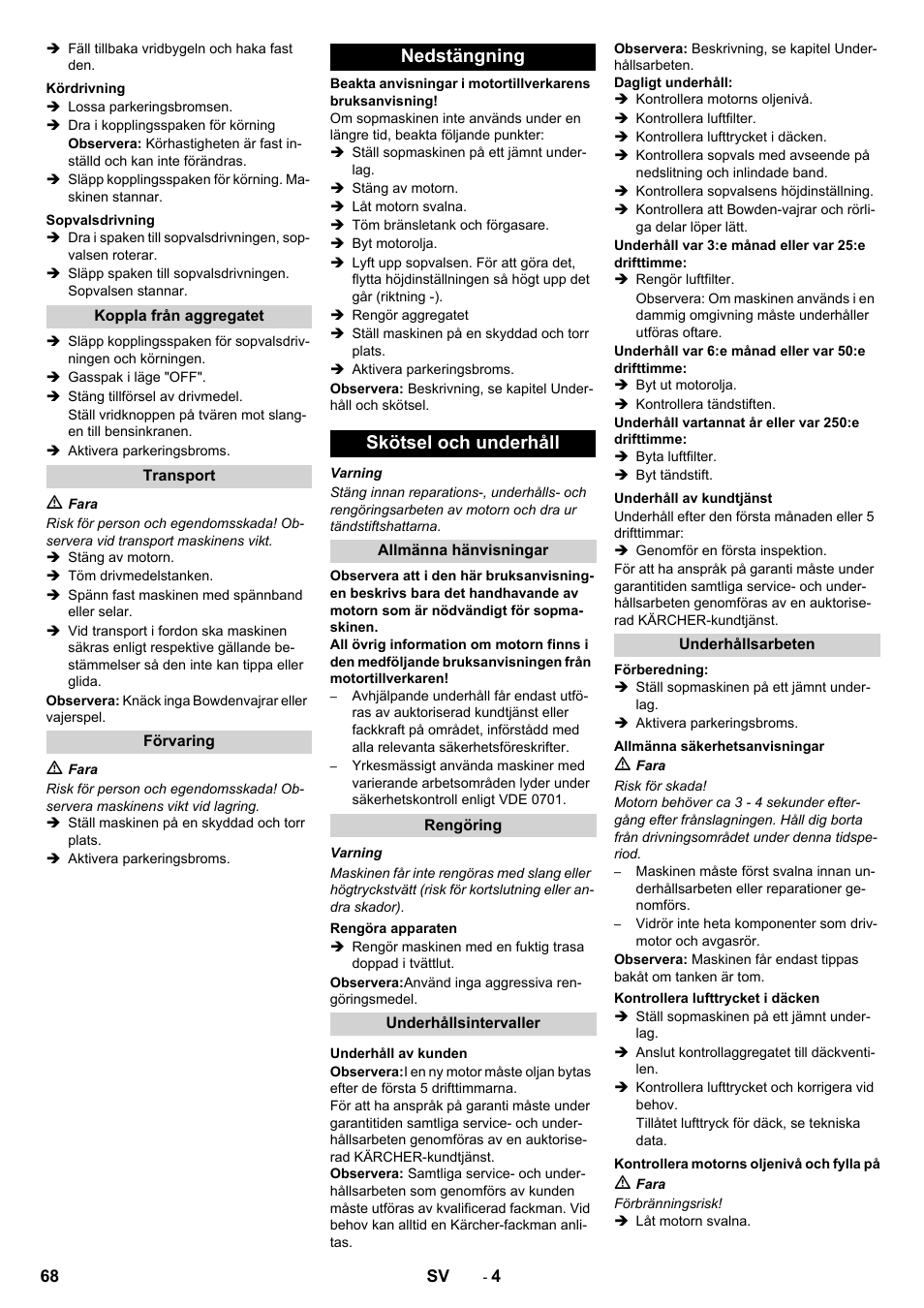 Nedstängning skötsel och underhåll | Karcher KM 80 W P User Manual | Page 68 / 196