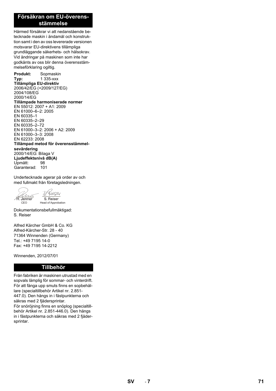 Försäkran om eu-överens- stämmelse, Tillbehör | Karcher KM 80 W P User Manual | Page 71 / 196