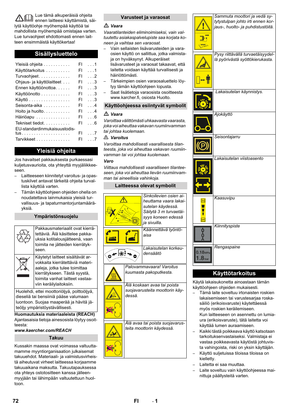 Suomi, Sisällysluettelo, Yleisiä ohjeita | Käyttötarkoitus | Karcher KM 80 W P User Manual | Page 72 / 196