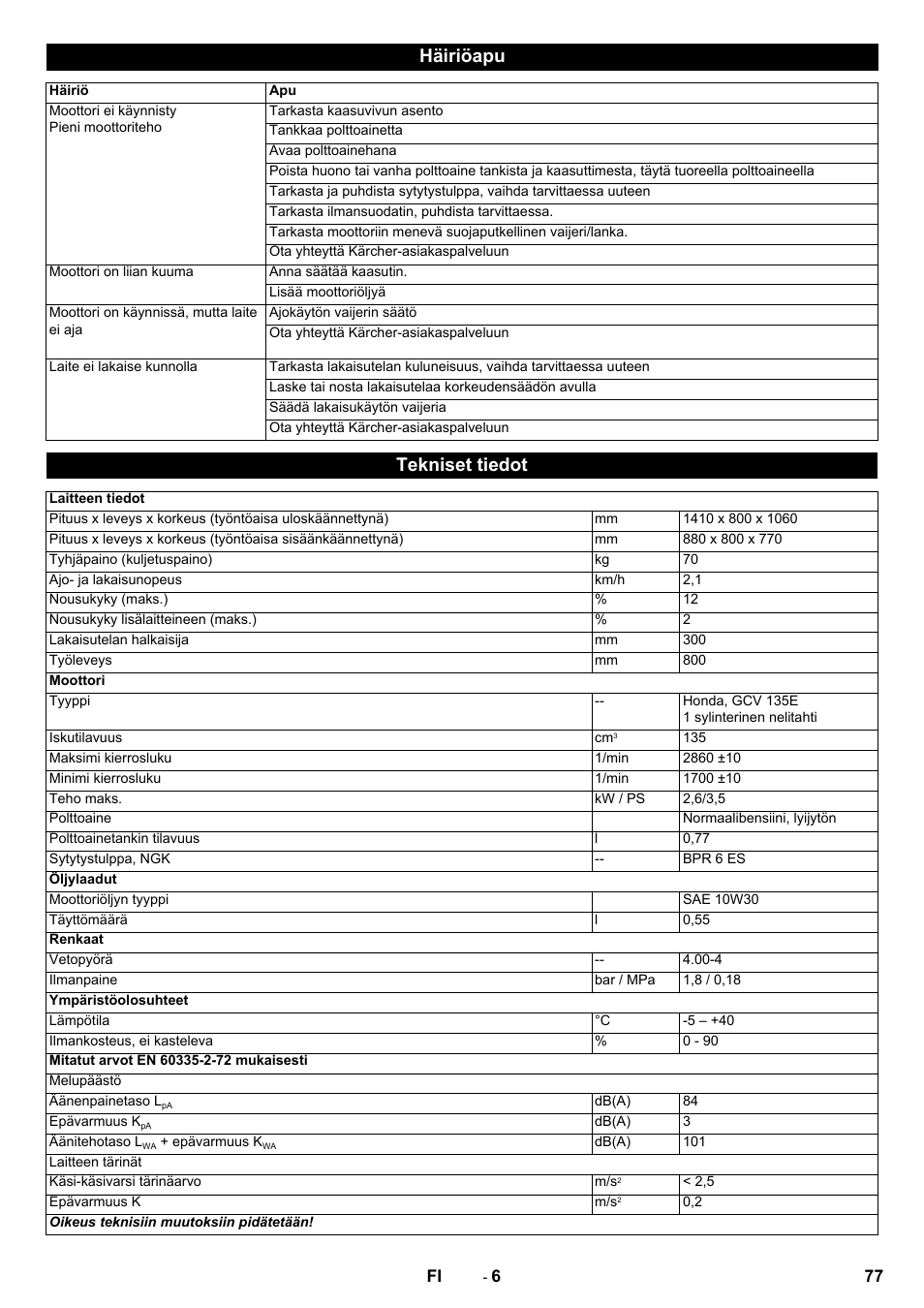 Häiriöapu, Tekniset tiedot | Karcher KM 80 W P User Manual | Page 77 / 196