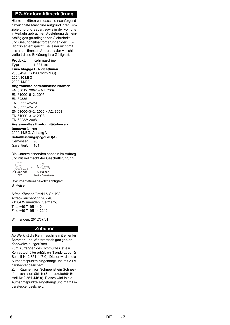 Eg-konformitätserklärung, Zubehör | Karcher KM 80 W P User Manual | Page 8 / 196