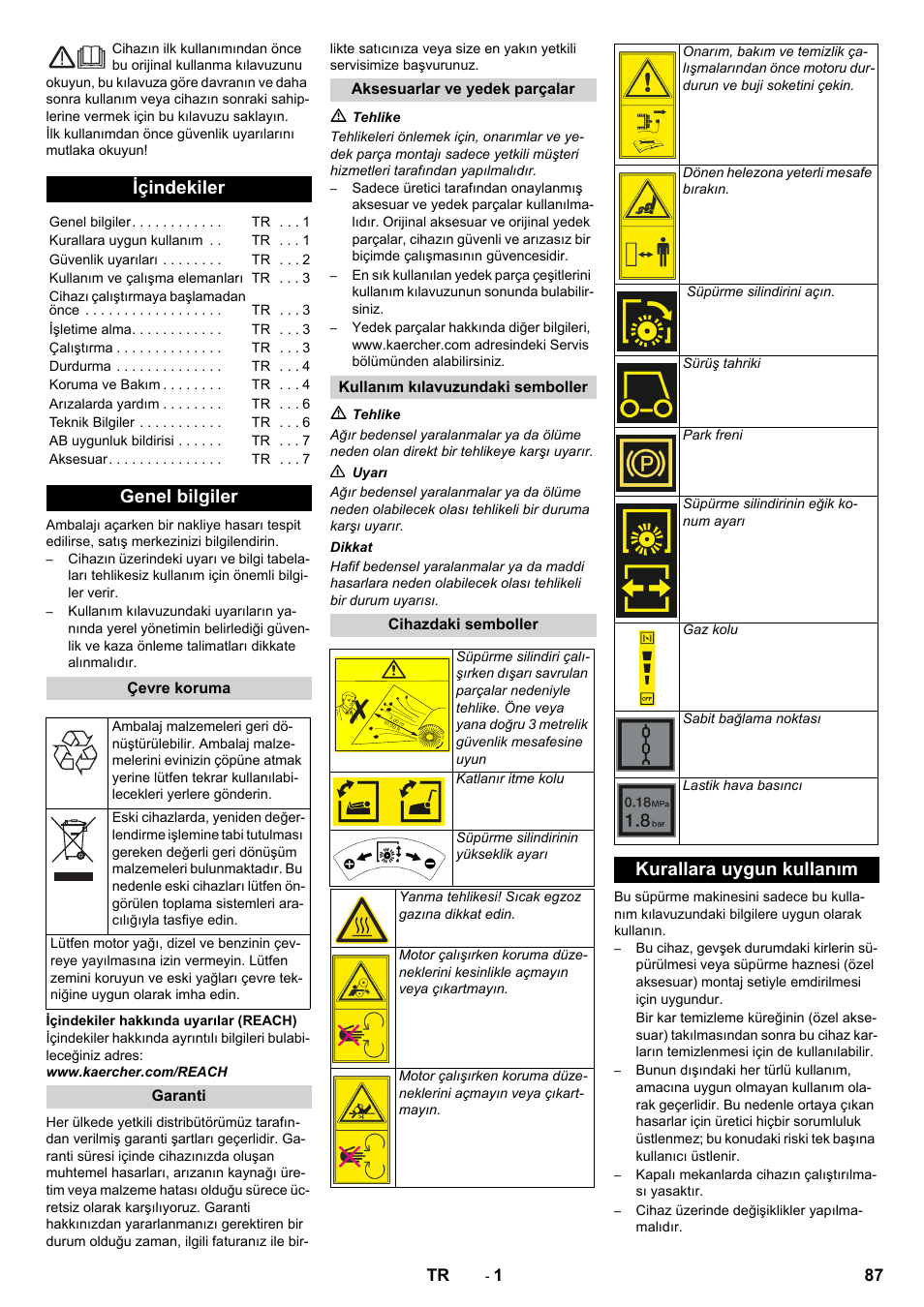 Türkçe, Içindekiler, Genel bilgiler | Kurallara uygun kullanım | Karcher KM 80 W P User Manual | Page 87 / 196