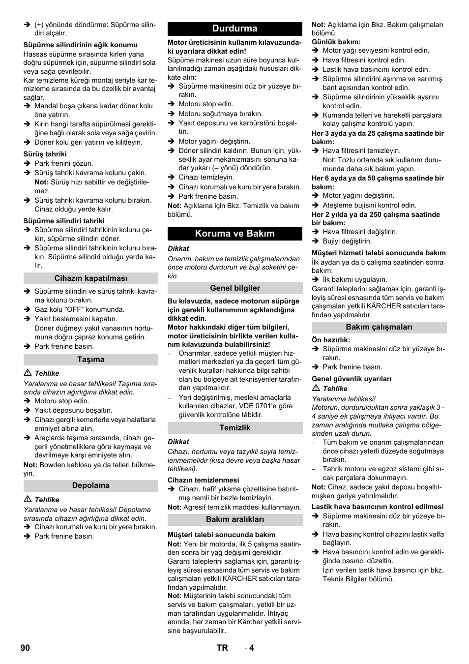 Durdurma koruma ve bakım | Karcher KM 80 W P User Manual | Page 90 / 196