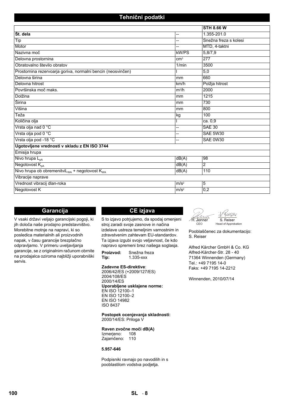 Tehnični podatki, Garancija ce izjava | Karcher STH 8-66 User Manual | Page 100 / 128