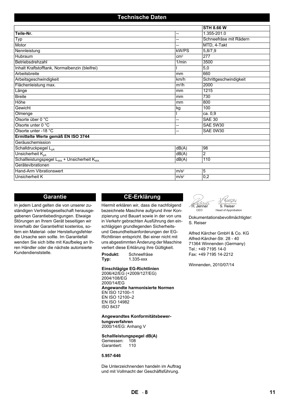 Technische daten, Garantie ce-erklärung | Karcher STH 8-66 User Manual | Page 11 / 128