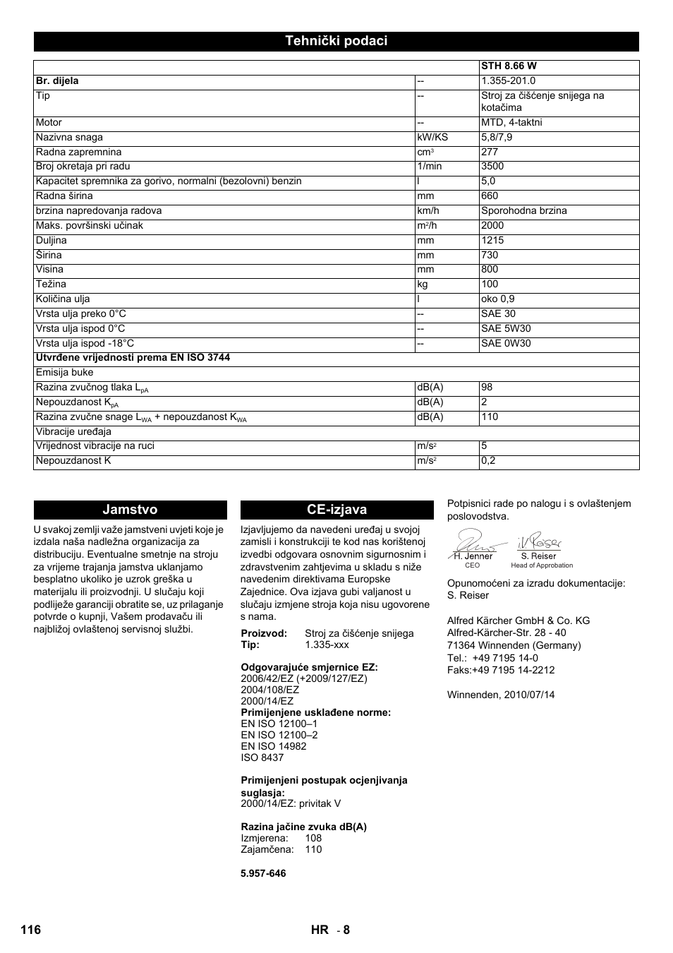 Tehnički podaci, Jamstvo ce-izjava | Karcher STH 8-66 User Manual | Page 116 / 128