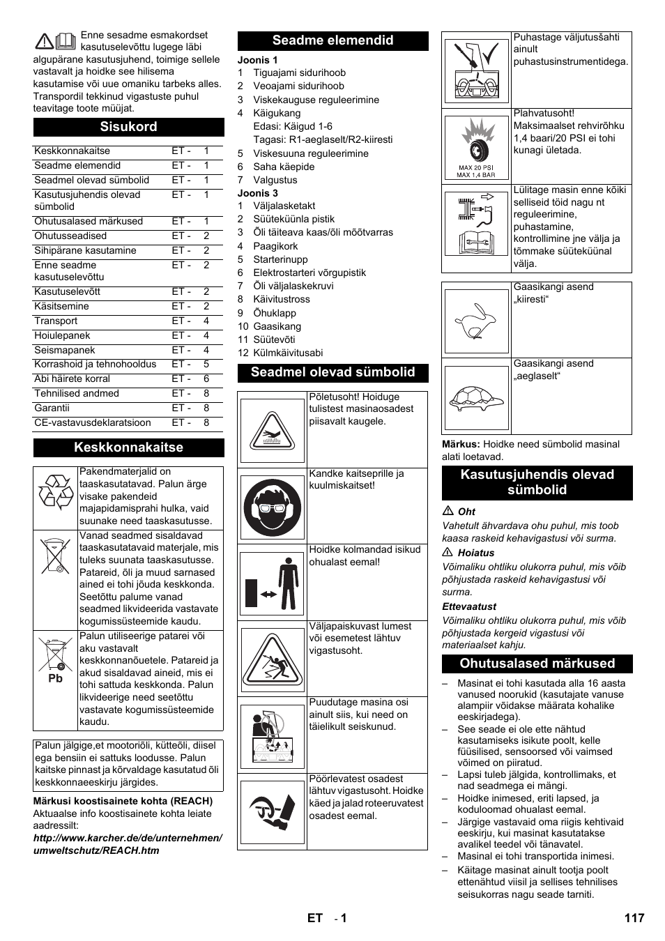 Sisukord, Keskkonnakaitse, Seadme elemendid seadmel olevad sümbolid | Karcher STH 8-66 User Manual | Page 117 / 128