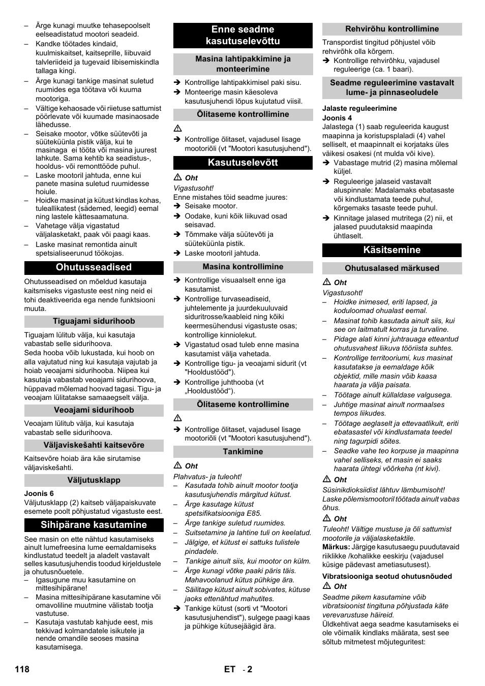 Ohutusseadised, Sihipärane kasutamine enne seadme kasutuselevõttu, Kasutuselevõtt | Käsitsemine | Karcher STH 8-66 User Manual | Page 118 / 128