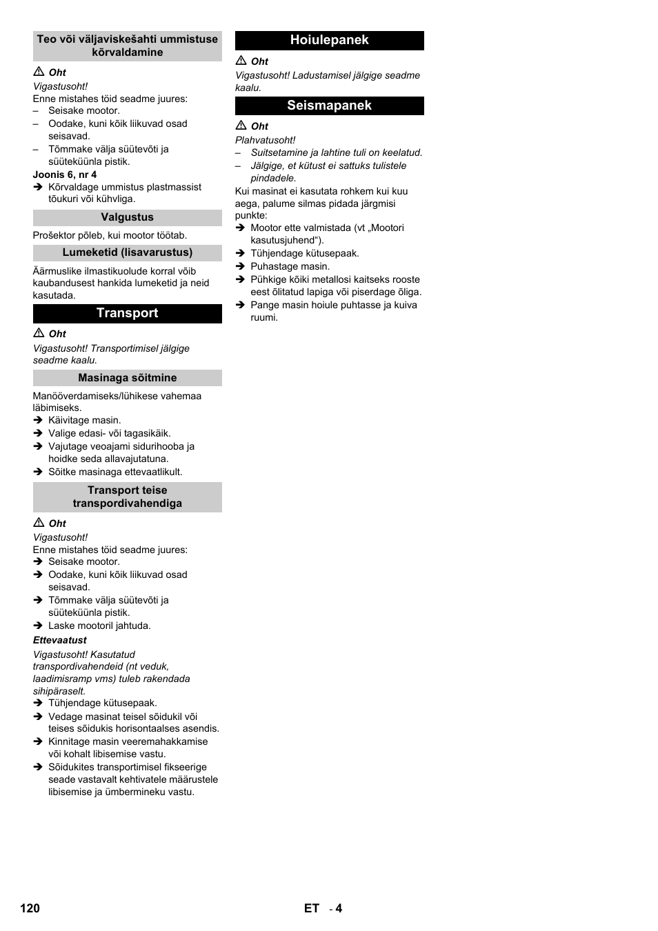 Transport, Hoiulepanek seismapanek | Karcher STH 8-66 User Manual | Page 120 / 128