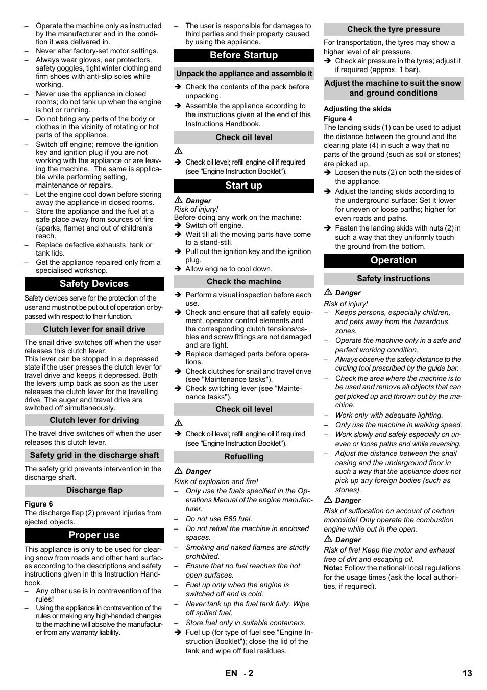 Safety devices, Proper use before startup, Start up | Operation | Karcher STH 8-66 User Manual | Page 13 / 128