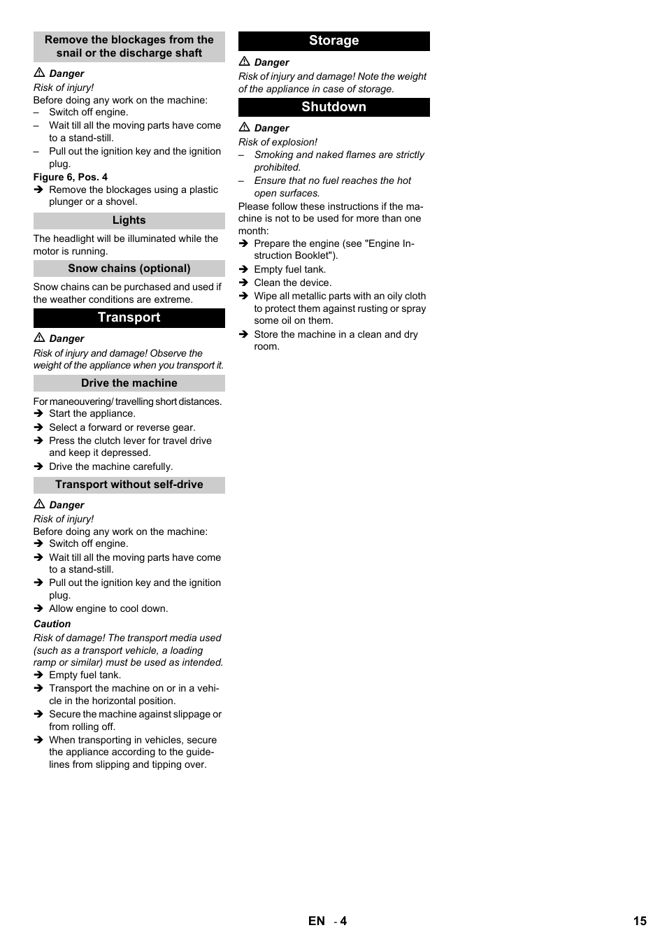 Transport, Storage shutdown | Karcher STH 8-66 User Manual | Page 15 / 128