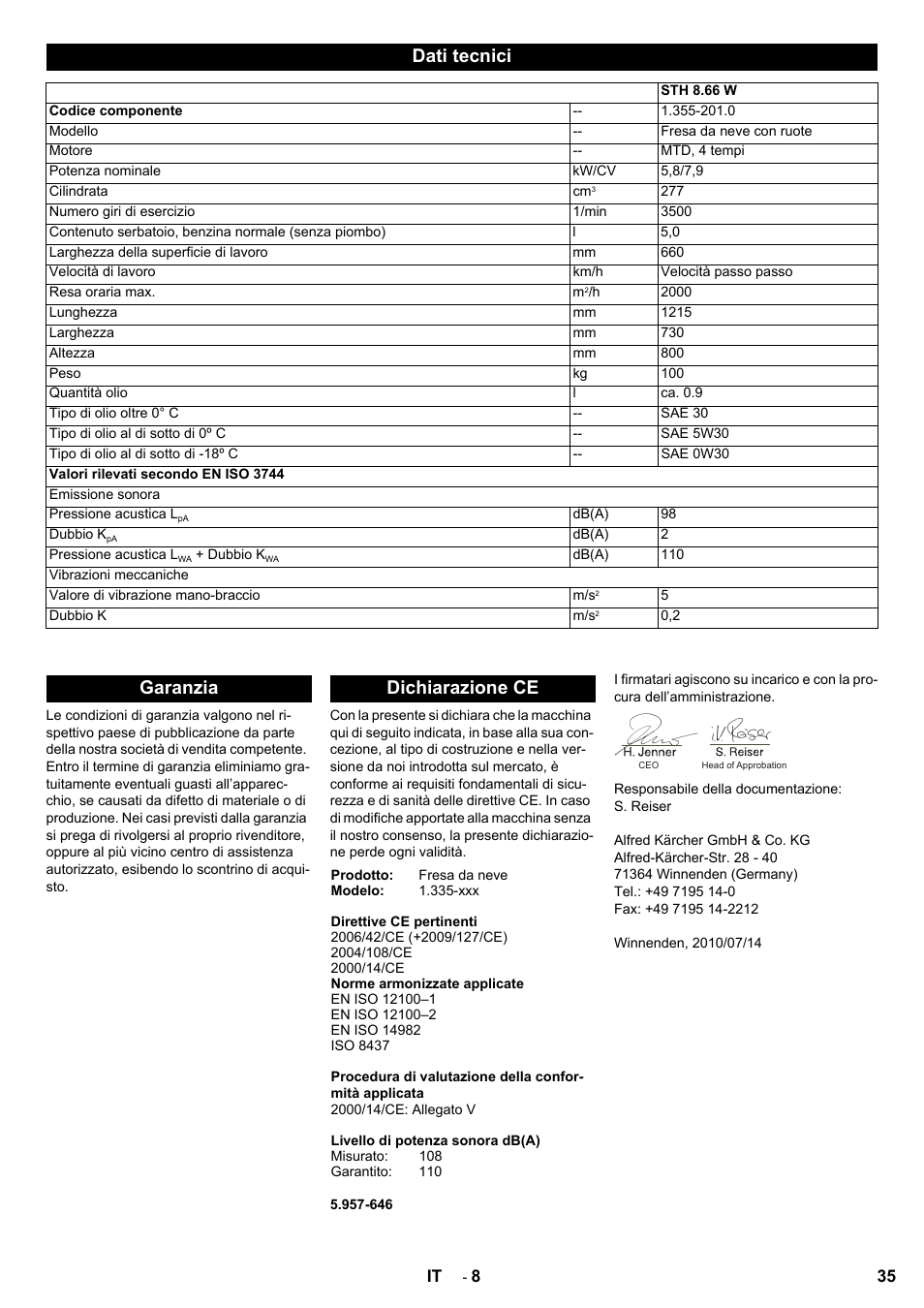 Dati tecnici, Garanzia dichiarazione ce | Karcher STH 8-66 User Manual | Page 35 / 128