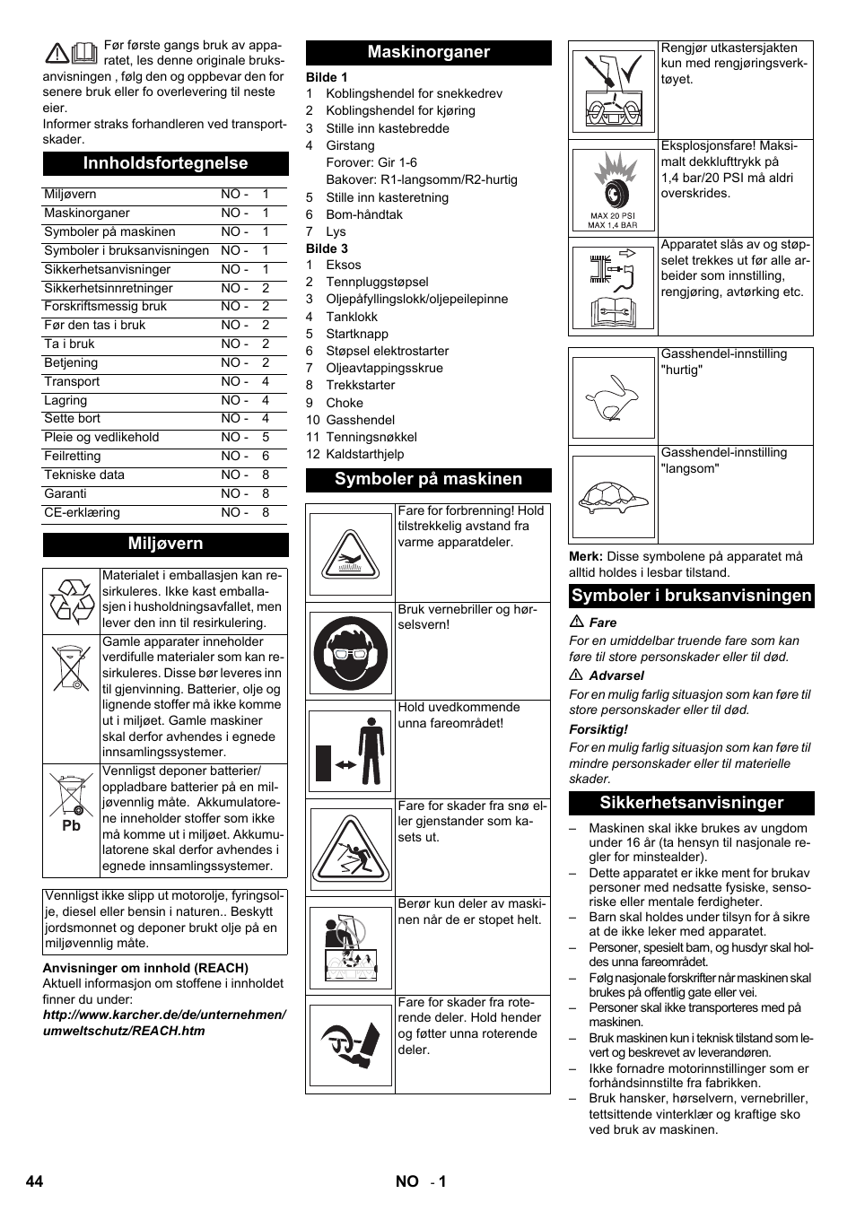 Innholdsfortegnelse, Miljøvern, Maskinorganer symboler på maskinen | Symboler i bruksanvisningen sikkerhetsanvisninger | Karcher STH 8-66 User Manual | Page 44 / 128