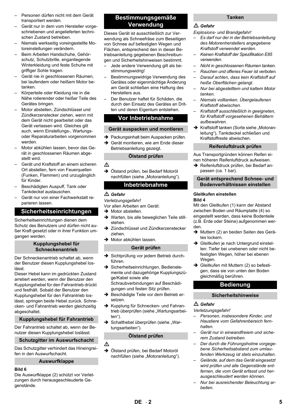 Sicherheitseinrichtungen, Bestimmungsgemäße verwendung vor inbetriebnahme, Inbetriebnahme | Bedienung | Karcher STH 8-66 User Manual | Page 5 / 128