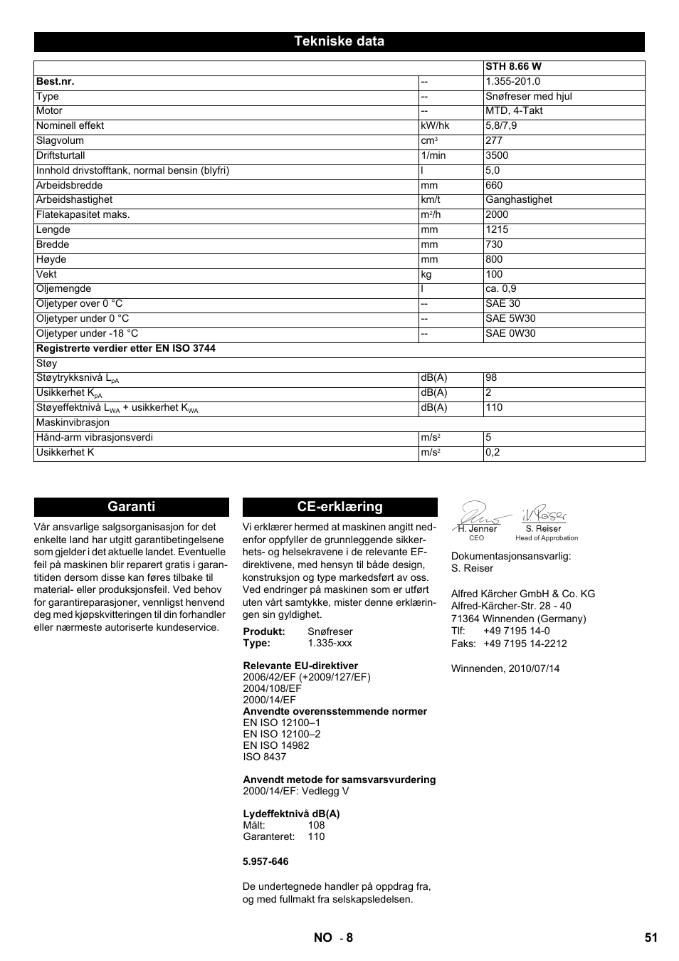 Tekniske data, Garanti ce-erklæring | Karcher STH 8-66 User Manual | Page 51 / 128