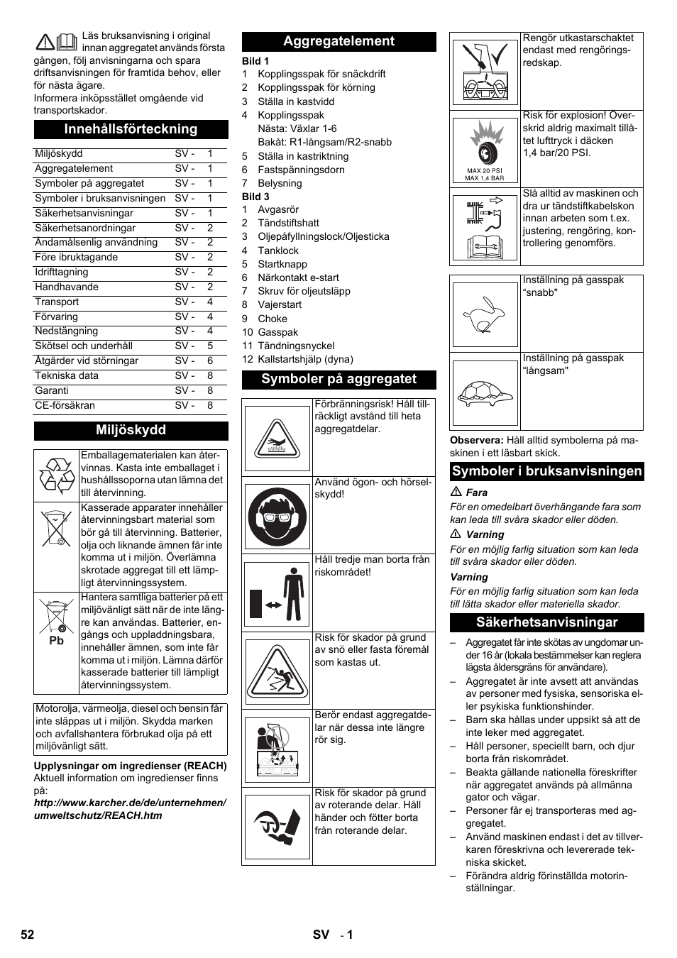 Innehållsförteckning, Miljöskydd, Aggregatelement symboler på aggregatet | Symboler i bruksanvisningen säkerhetsanvisningar | Karcher STH 8-66 User Manual | Page 52 / 128