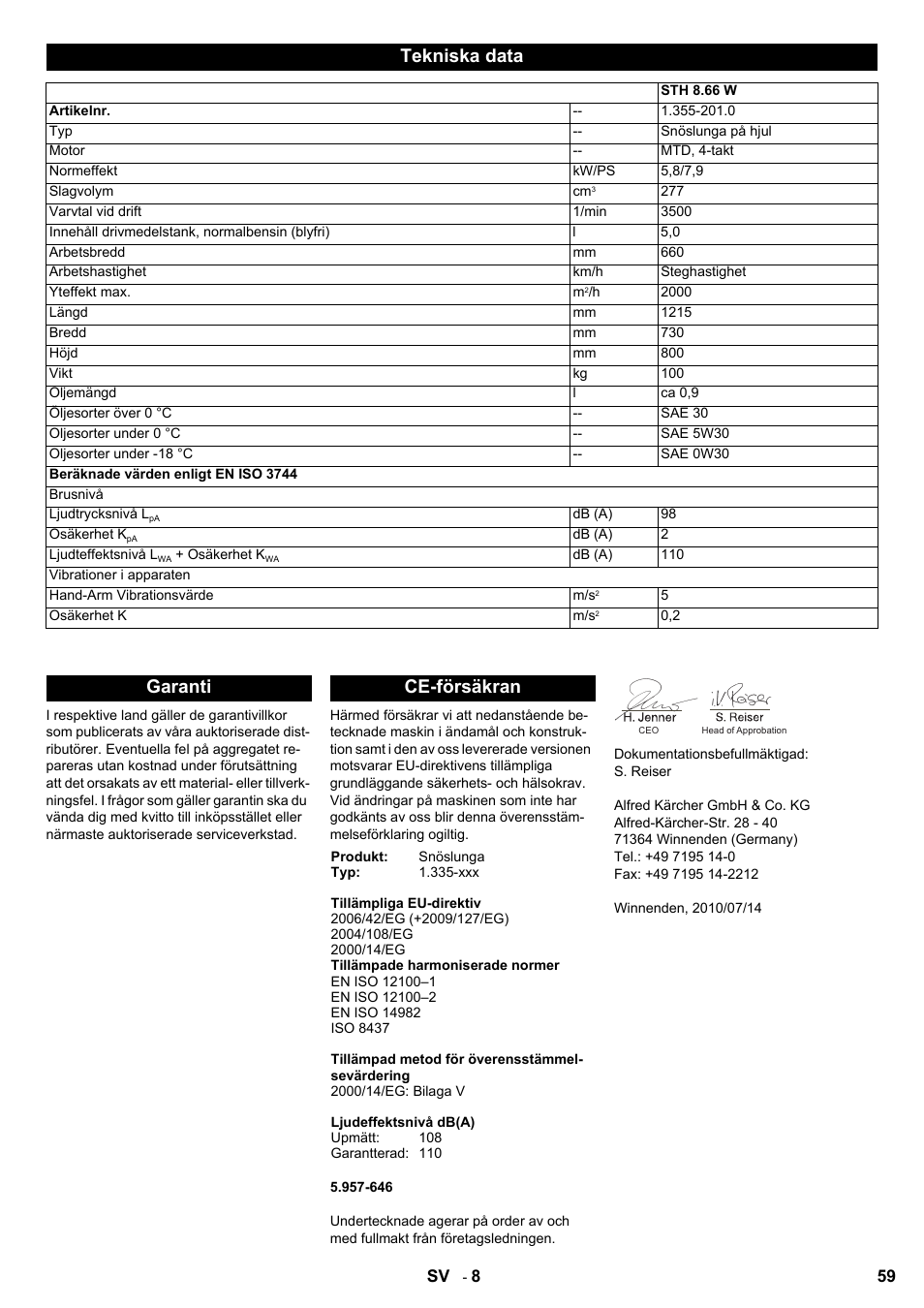 Tekniska data, Garanti ce-försäkran | Karcher STH 8-66 User Manual | Page 59 / 128