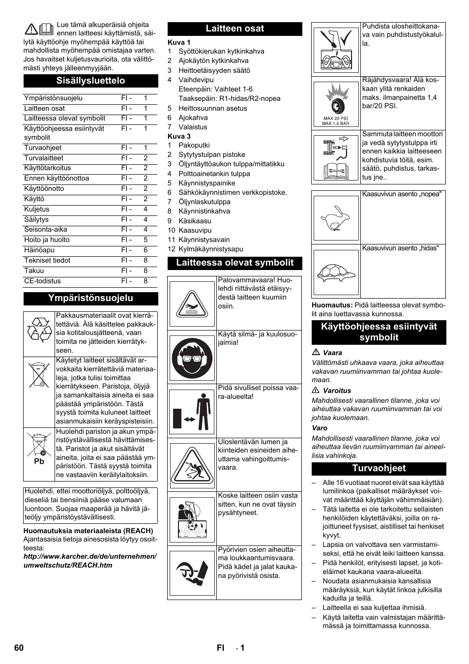 Sisällysluettelo, Ympäristönsuojelu, Laitteen osat laitteessa olevat symbolit | Käyttöohjeessa esiintyvät symbolit turvaohjeet | Karcher STH 8-66 User Manual | Page 60 / 128