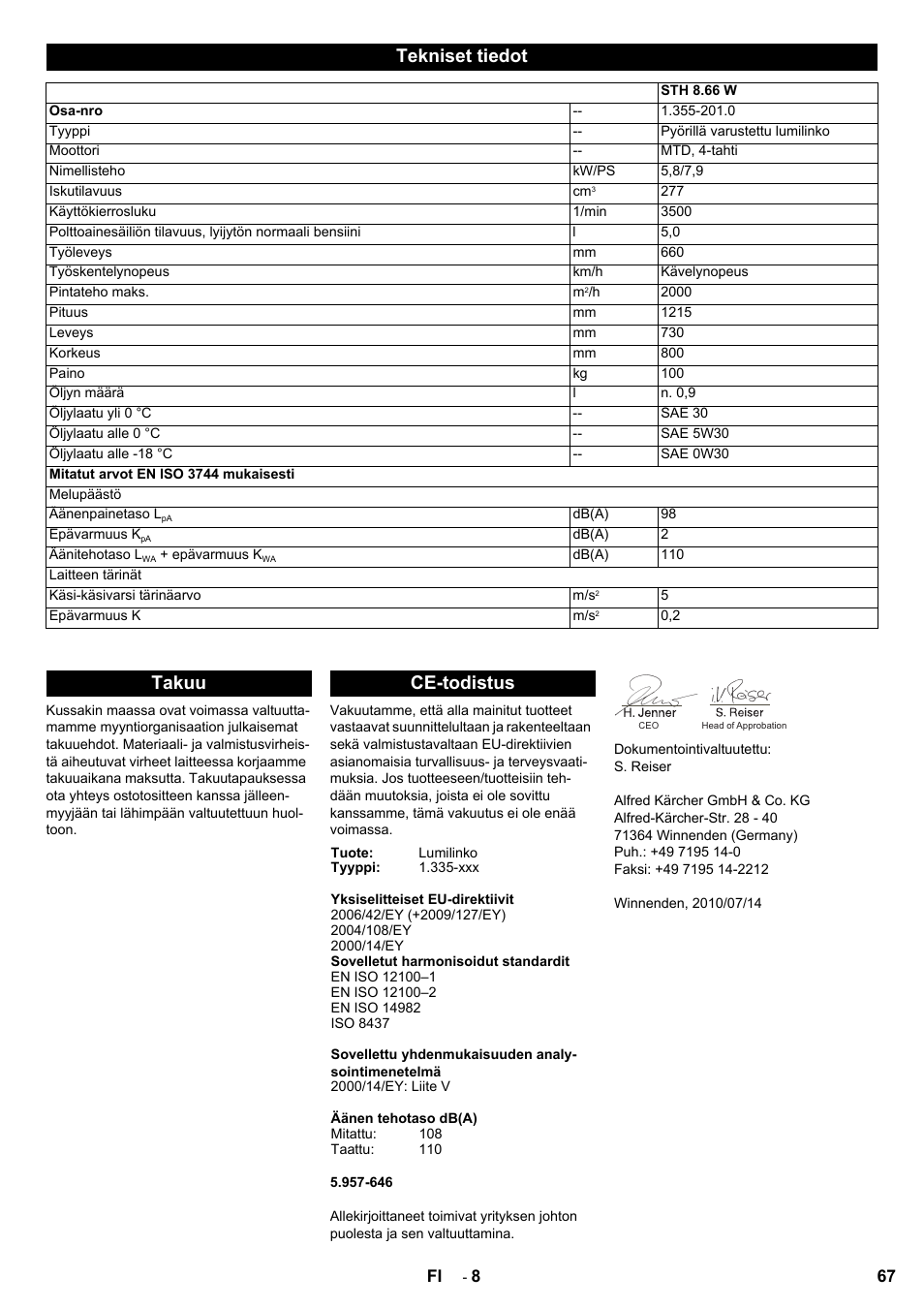 Tekniset tiedot, Takuu ce-todistus | Karcher STH 8-66 User Manual | Page 67 / 128