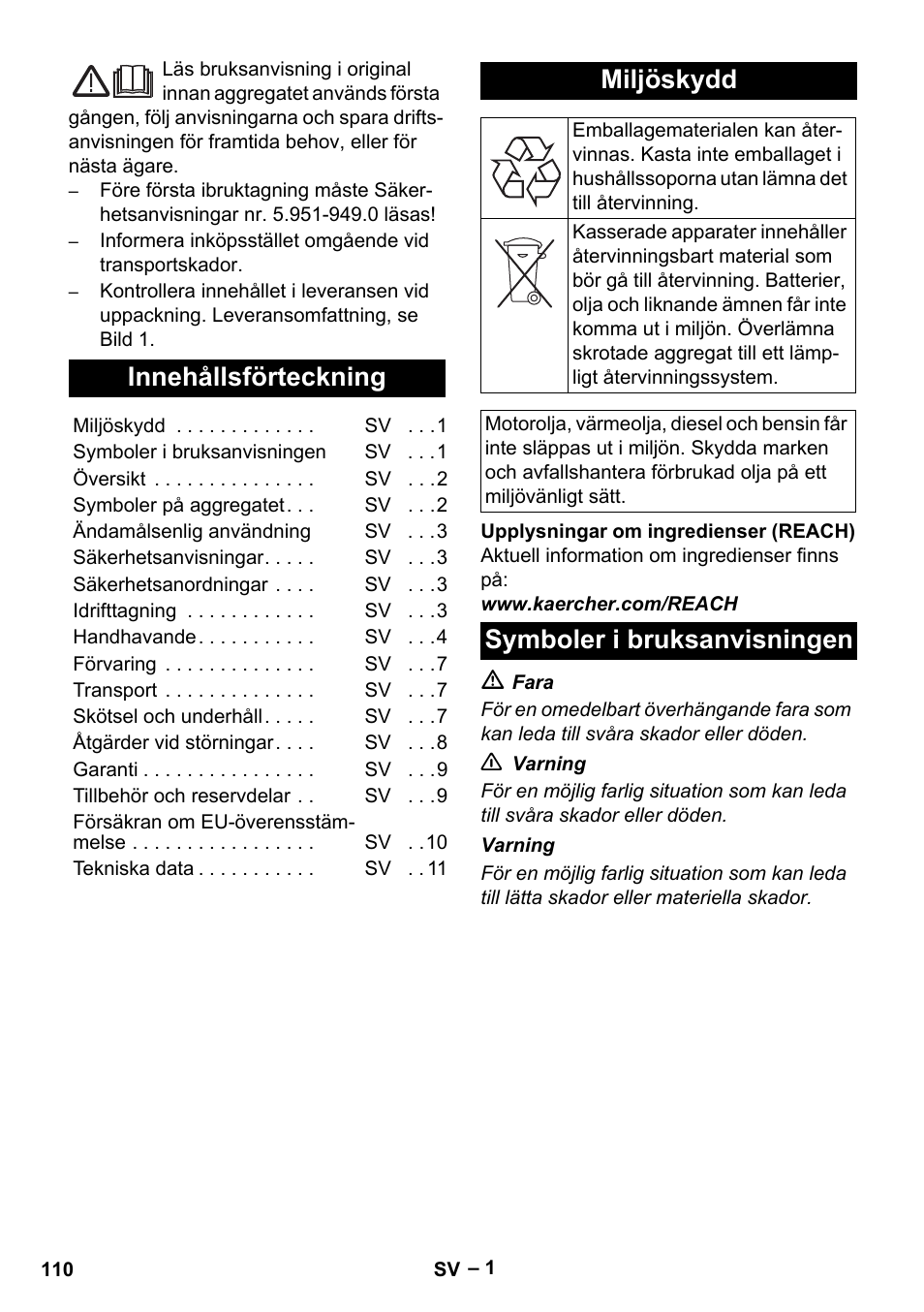Svenska, Innehållsförteckning, Miljöskydd | Symboler i bruksanvisningen | Karcher HDS 5-12 C User Manual | Page 110 / 320