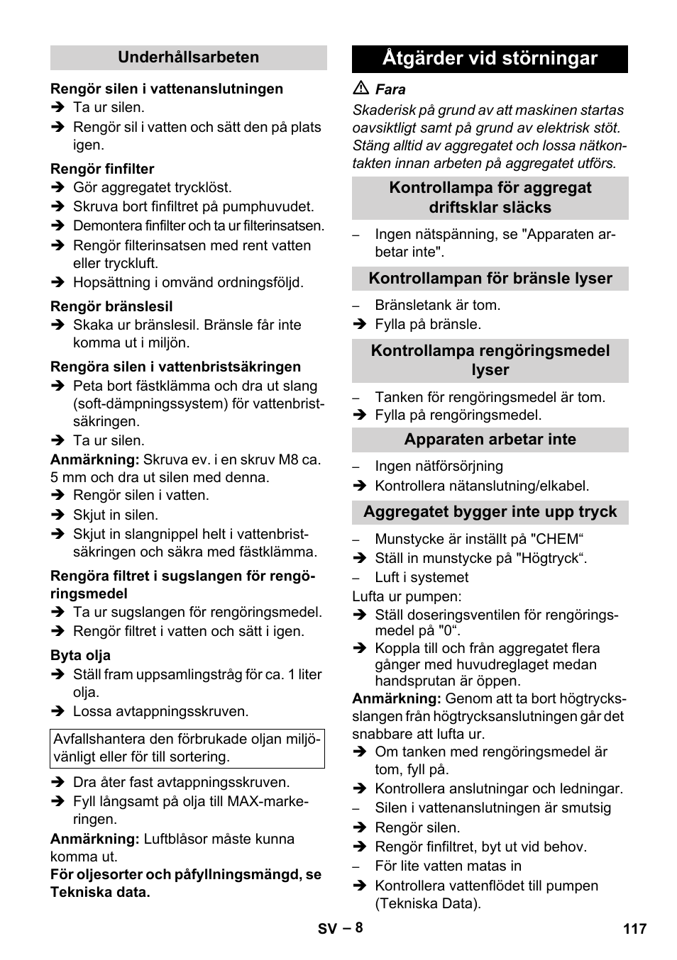 Åtgärder vid störningar | Karcher HDS 5-12 C User Manual | Page 117 / 320