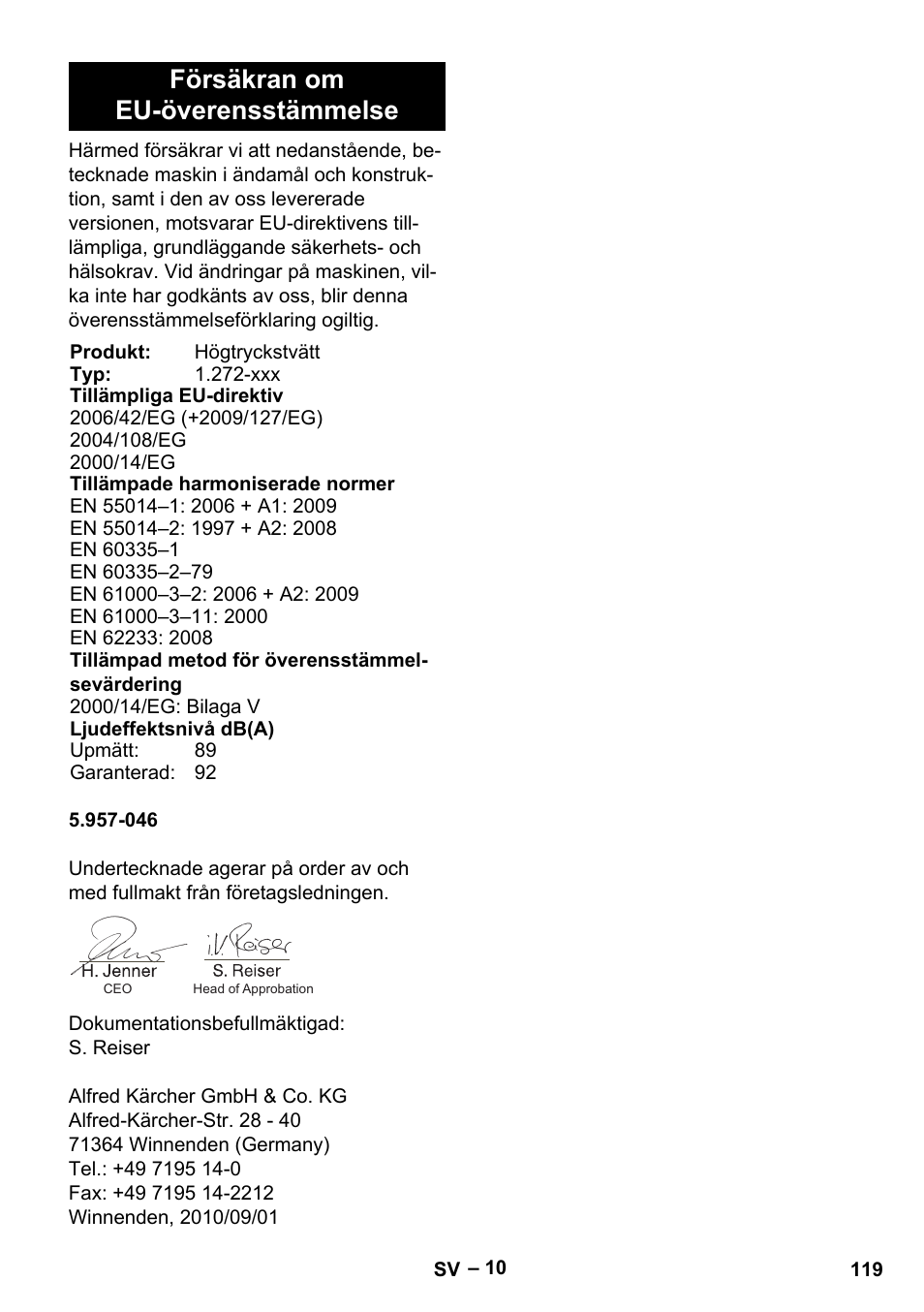 Försäkran om eu-överensstämmelse | Karcher HDS 5-12 C User Manual | Page 119 / 320