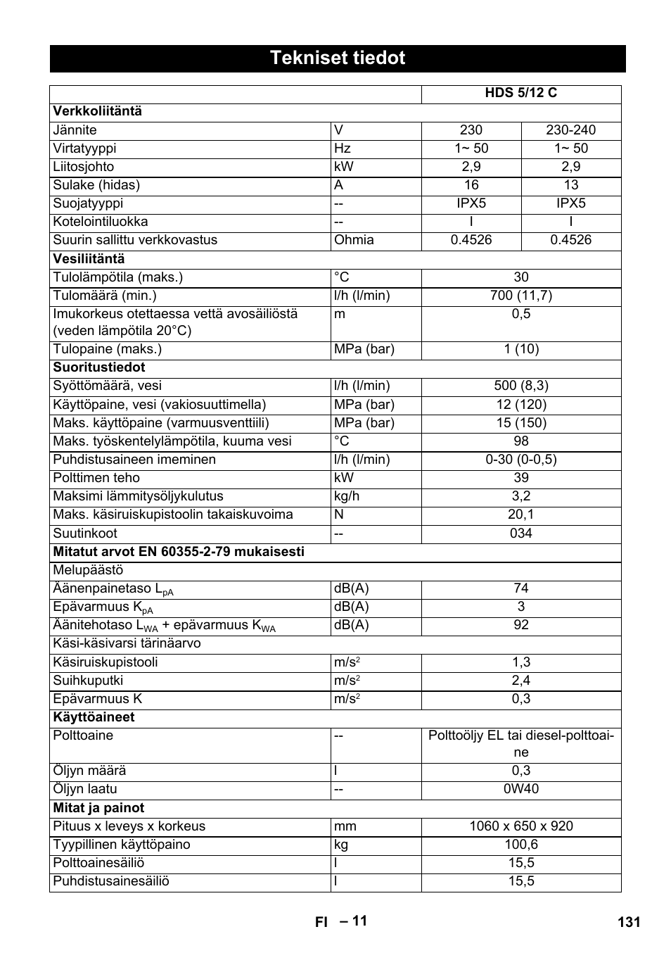 Tekniset tiedot | Karcher HDS 5-12 C User Manual | Page 131 / 320