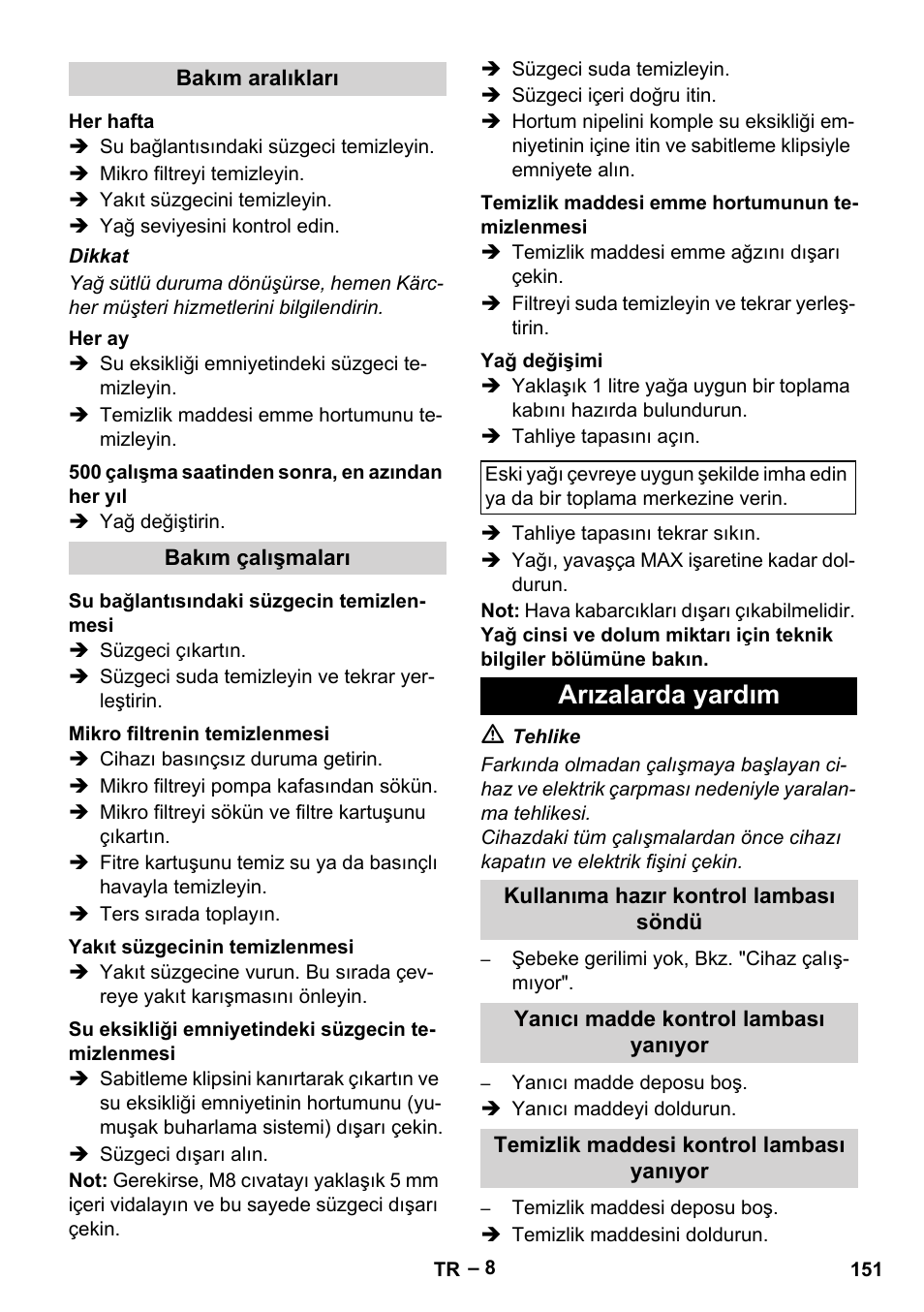 Arızalarda yardım | Karcher HDS 5-12 C User Manual | Page 151 / 320