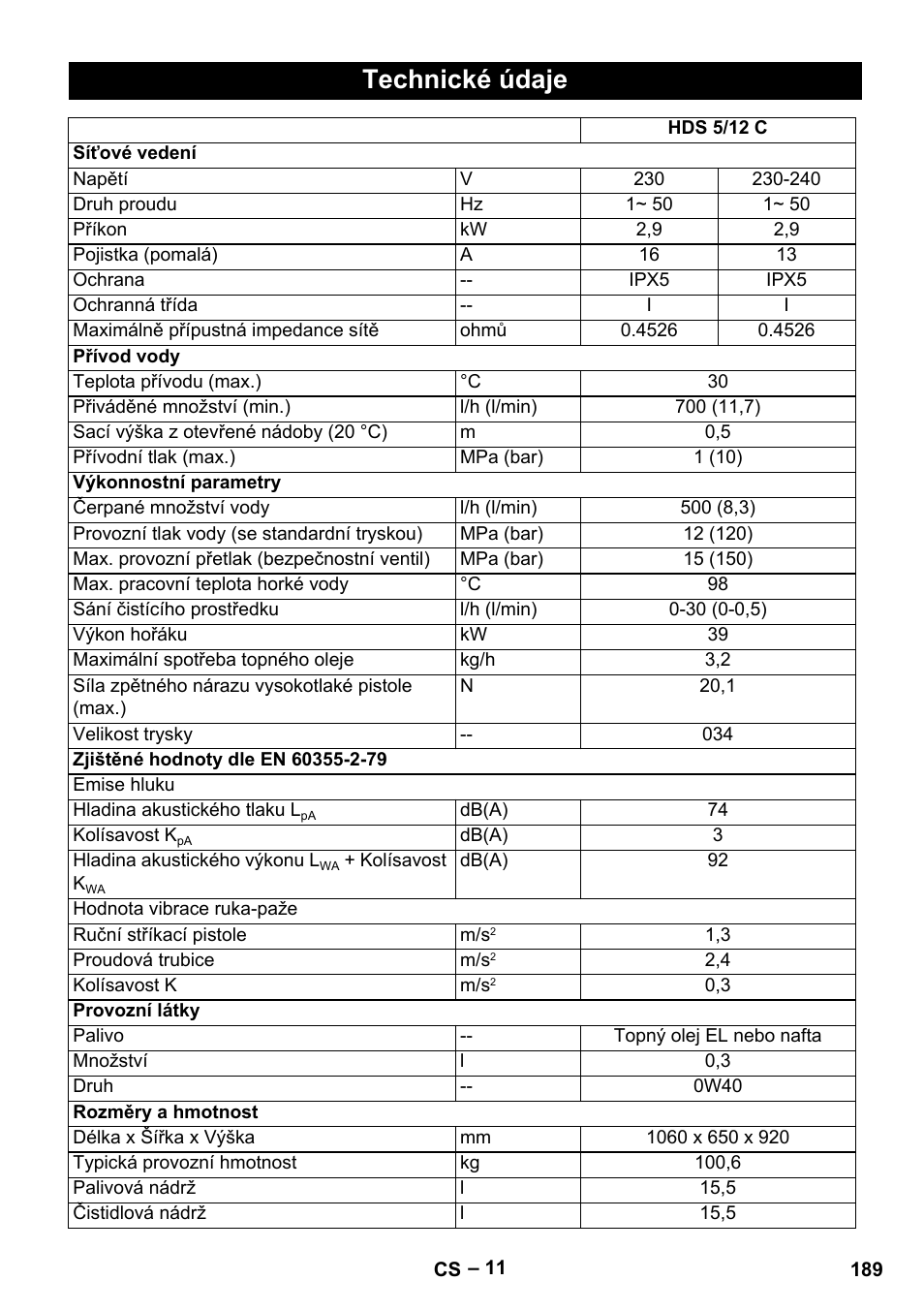 Technické údaje | Karcher HDS 5-12 C User Manual | Page 189 / 320