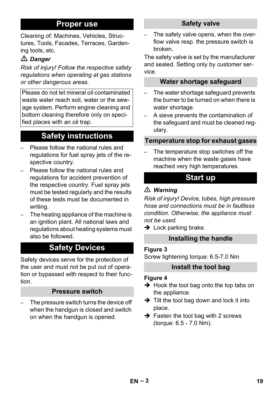 Proper use, Safety instructions safety devices, Start up | Karcher HDS 5-12 C User Manual | Page 19 / 320