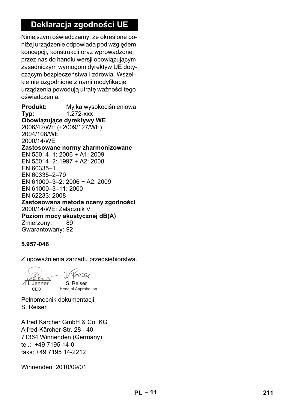 Deklaracja zgodności ue | Karcher HDS 5-12 C User Manual | Page 211 / 320