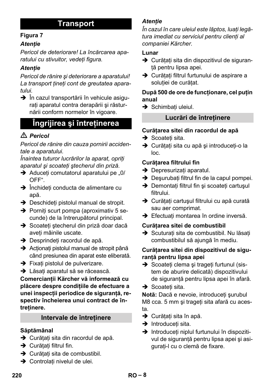 Transport îngrijirea şi întreţinerea | Karcher HDS 5-12 C User Manual | Page 220 / 320