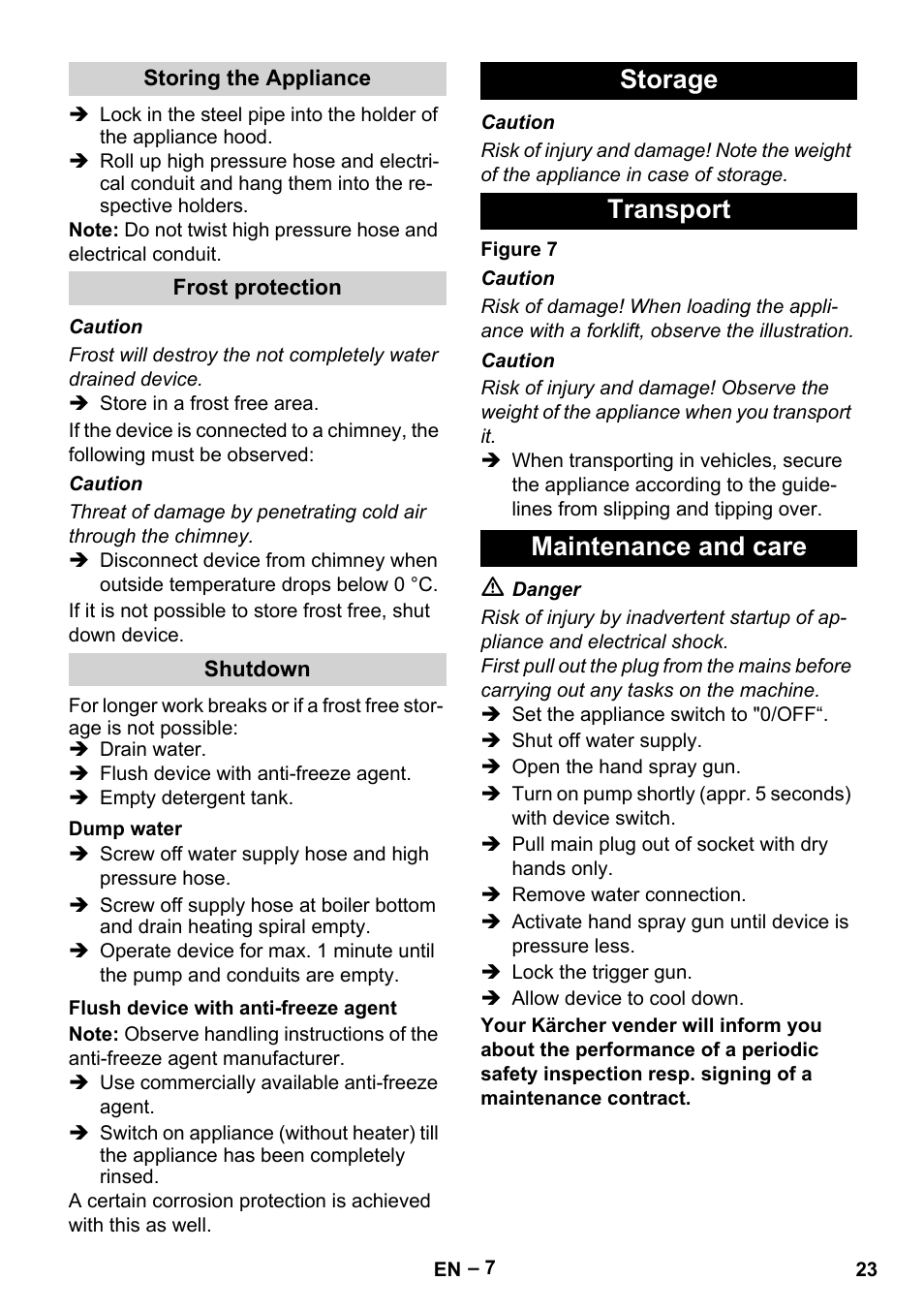 Storage transport maintenance and care | Karcher HDS 5-12 C User Manual | Page 23 / 320