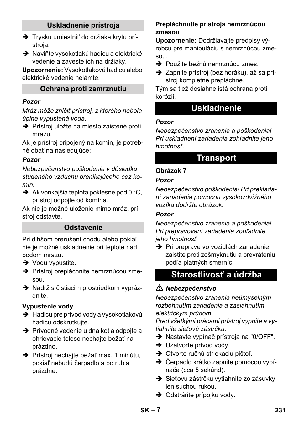 Uskladnenie transport starostlivosť a údržba | Karcher HDS 5-12 C User Manual | Page 231 / 320