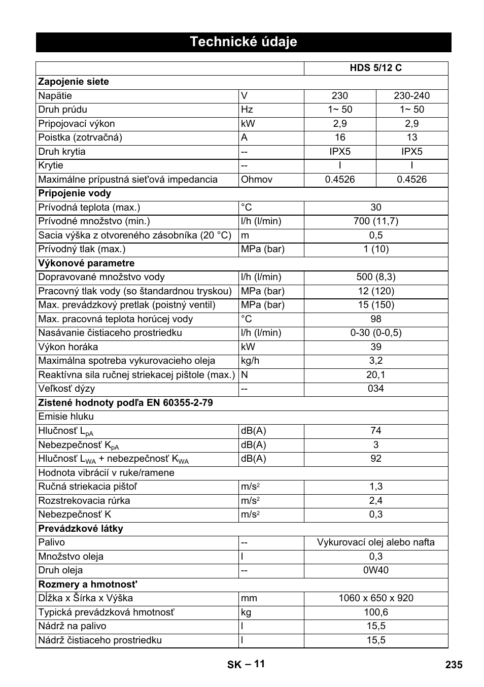 Technické údaje | Karcher HDS 5-12 C User Manual | Page 235 / 320