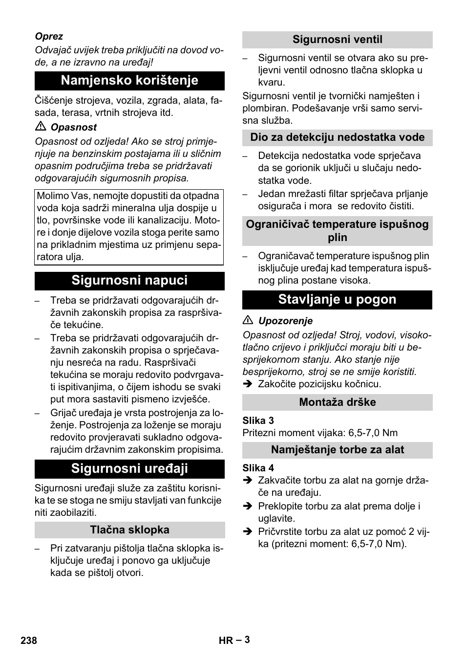 Namjensko korištenje, Sigurnosni napuci sigurnosni uređaji, Stavljanje u pogon | Karcher HDS 5-12 C User Manual | Page 238 / 320