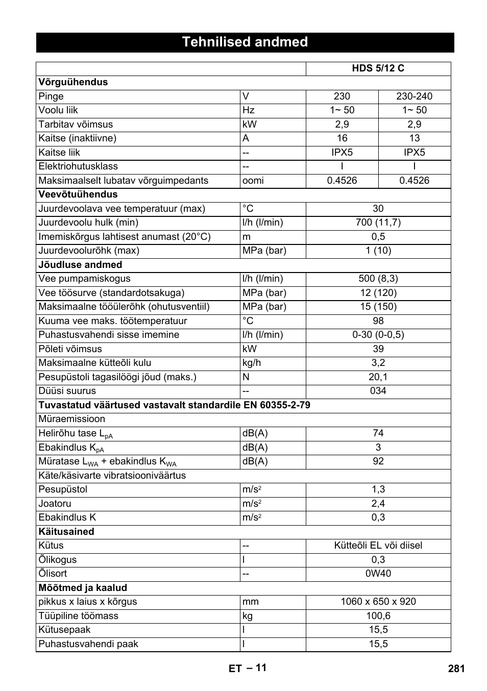 Tehnilised andmed | Karcher HDS 5-12 C User Manual | Page 281 / 320