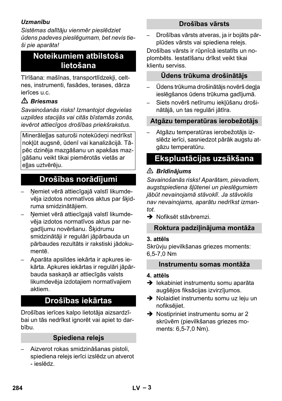 Drošības norādījumi drošības iekārtas, Ekspluatācijas uzsākšana | Karcher HDS 5-12 C User Manual | Page 284 / 320