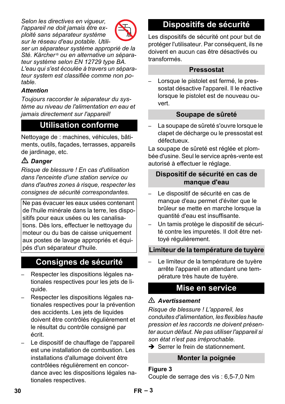 Utilisation conforme, Consignes de sécurité dispositifs de sécurité, Mise en service | Karcher HDS 5-12 C User Manual | Page 30 / 320