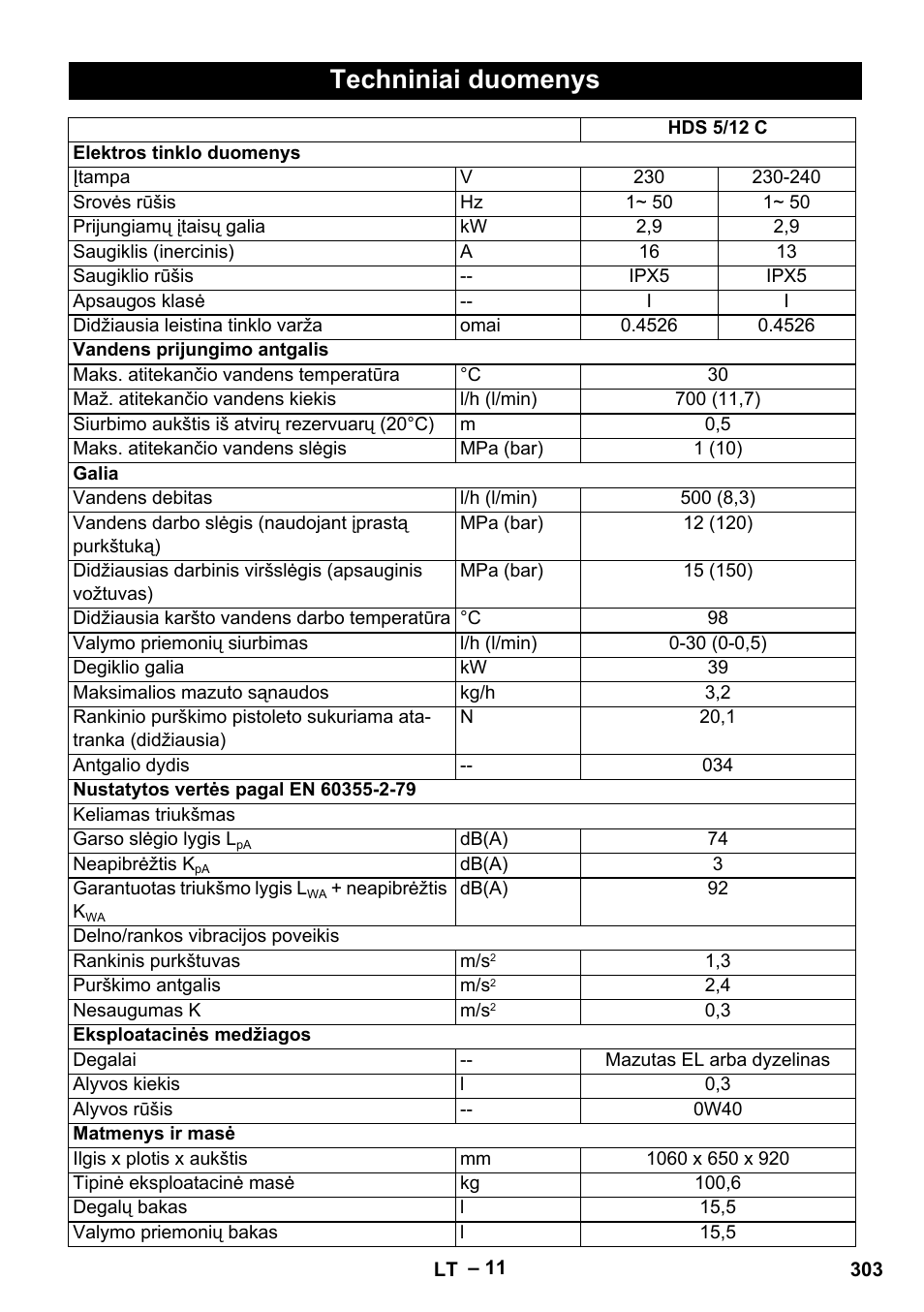 Techniniai duomenys | Karcher HDS 5-12 C User Manual | Page 303 / 320